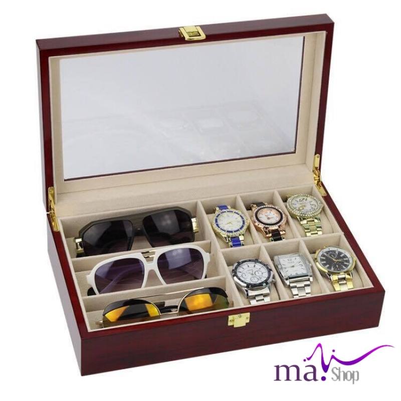 hộp đựng đồng hồ mắt kính gỗ 3 mắt kính + 6 đồng hồ
