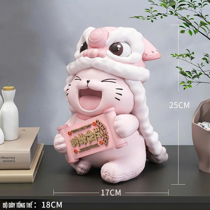 Tượng decor trang trí mèo hồng đội mũ lân 023