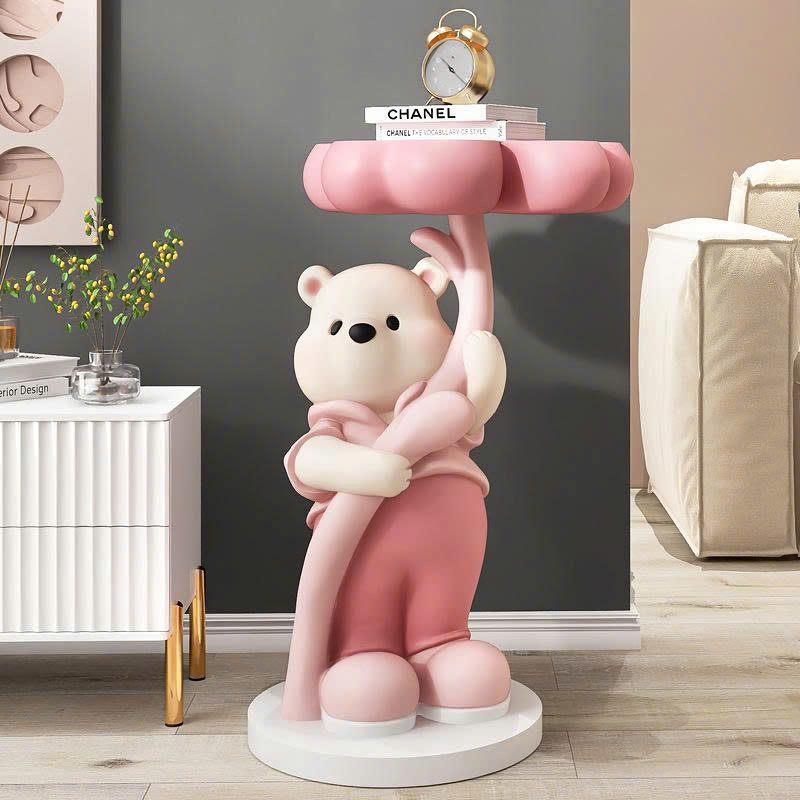 Tượng decor trang trí gấu trắng cầm mâm để đồ 024