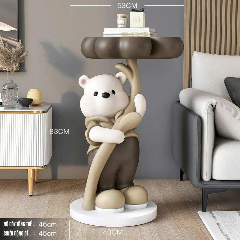Tượng decor trang trí gấu trắng cầm mâm để đồ 024