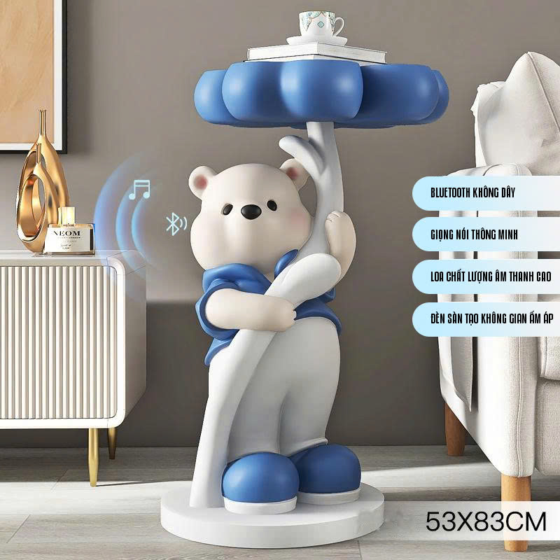 Tượng decor trang trí gấu trắng cầm mâm để đồ 024