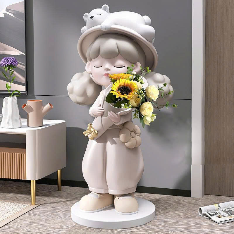Tượng decor trang trí cô gái cầm hoa 025