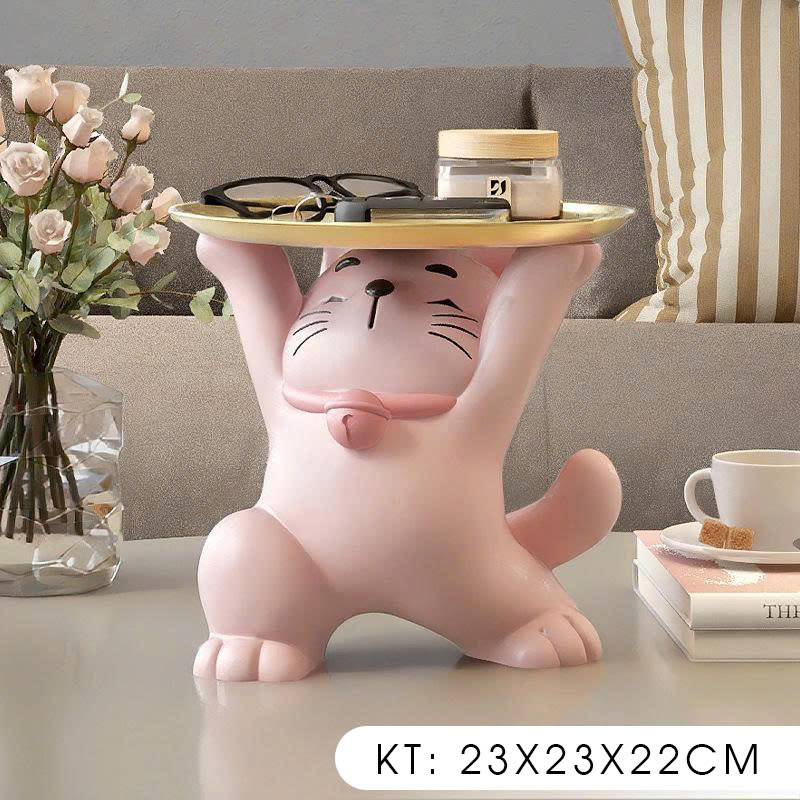 Tượng decor trang trí mèo thần tài nâng mâm 029