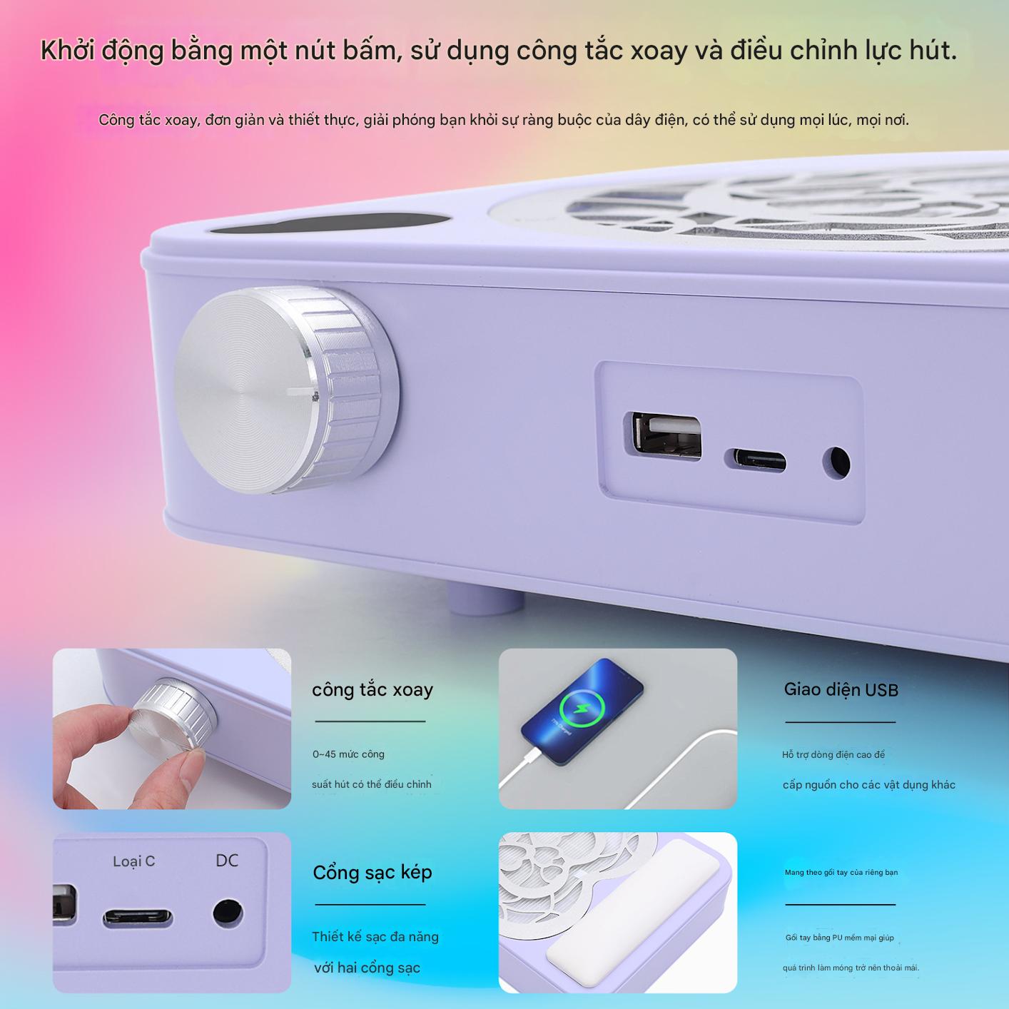 Máy hút bụi nail tích điện tím nhạt có màn hình hiển thị thông số 1264