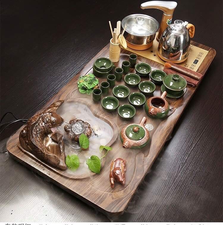 Bộ bàn trà gỗ điện thông minh phong thủy cá chép 0070