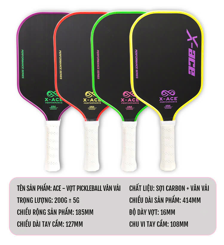 Vợt Pickleball sợi carbon vân vải X ACE 16mm cao cấp 013