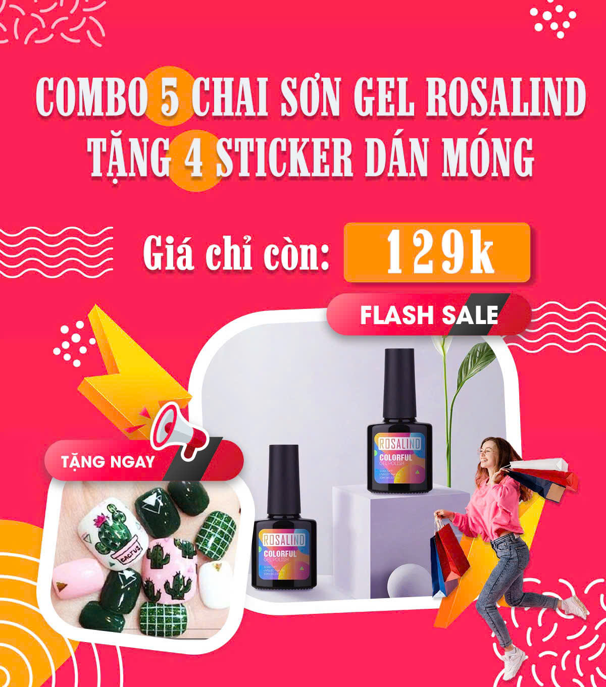 Combo 5 chai sơn gel Rosalind tặng 4 sticker dán móng