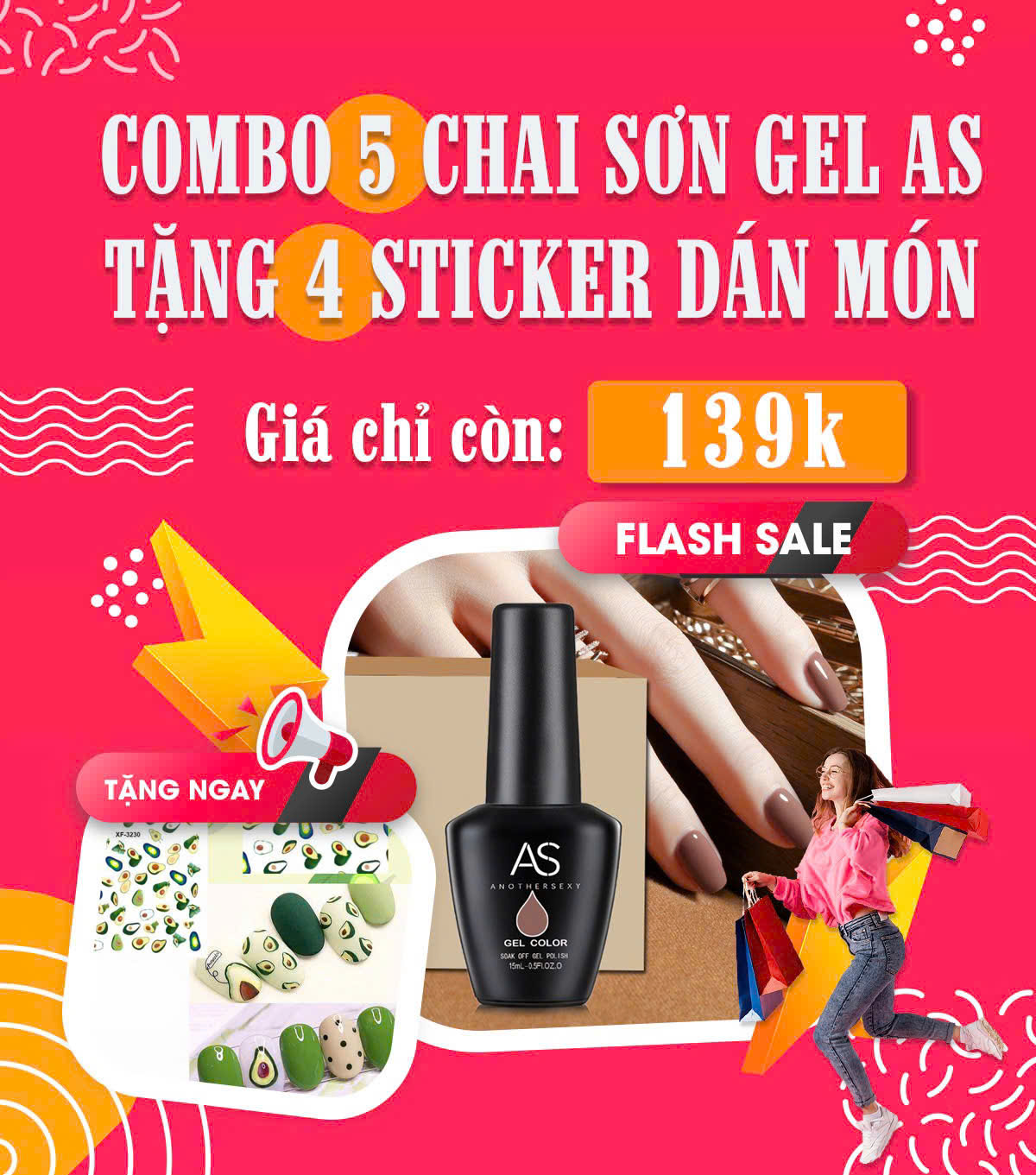 Combo 5 chai sơn gel AS tặng 4 sticker dán móng