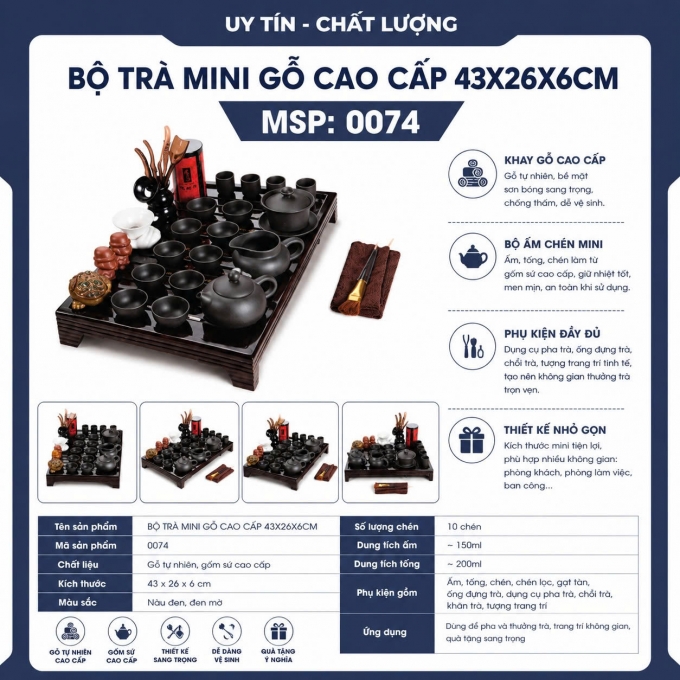 Bộ bàn trà gỗ mini 43X26X6CM 0074