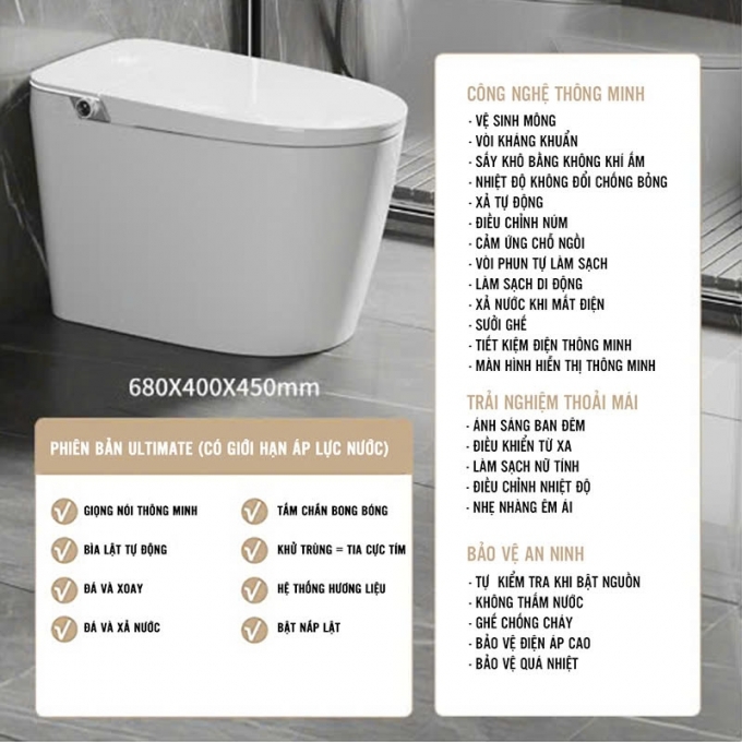 Bồn cầu thông minh tích hợp tấm chắn xốp chống giọt bắn 018