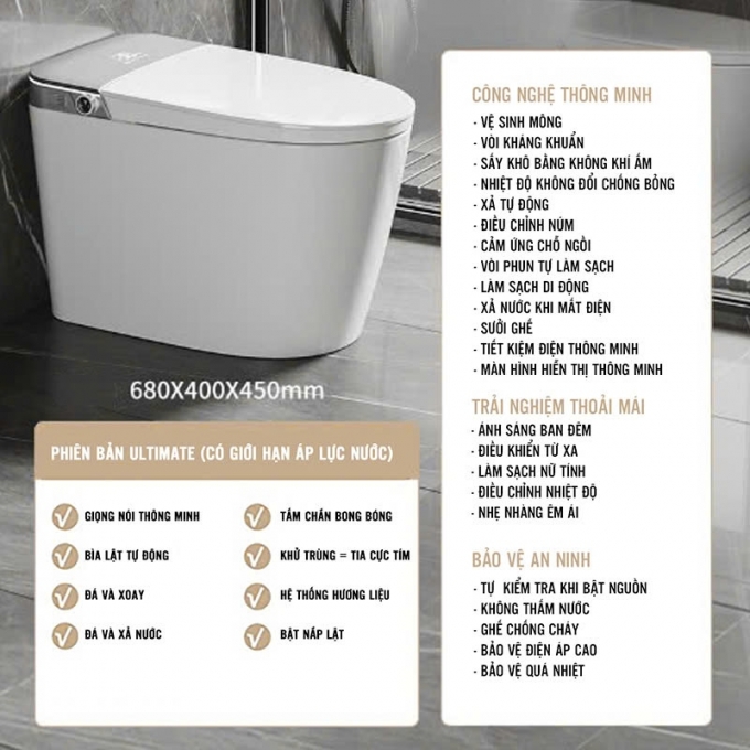 Bồn cầu thông minh tích hợp tấm chắn xốp chống giọt bắn 018