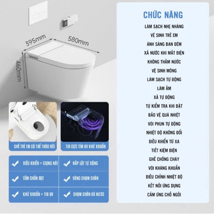 Bồn cầu treo tường tích hợp cảm biến tự động thông minh 020
