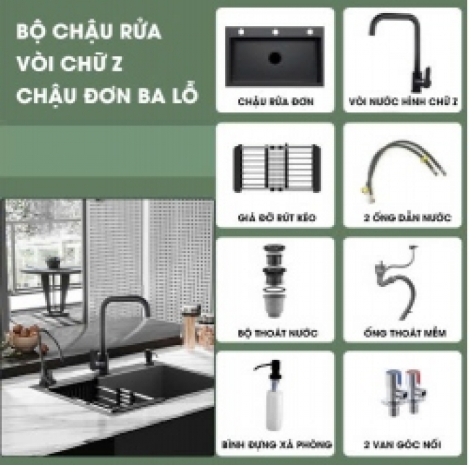 Bồn rửa chén bằng thép không gỉ Nano đen cỡ lớn bồn rửa đơn 011