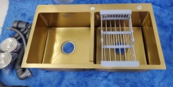 Chậu rửa chén bát hai hộc vàng phủ inox 008
