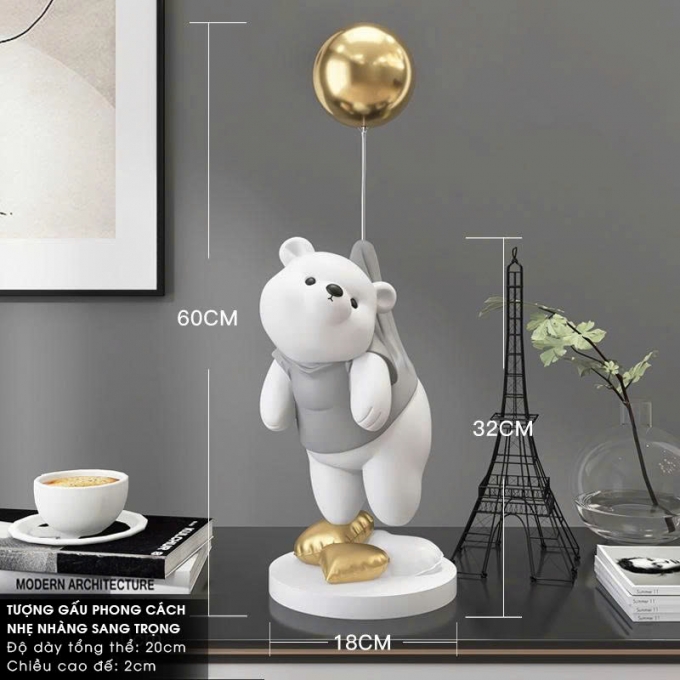 Đồ decor trang trí tượng gấu trắng kèm bóng bay 004