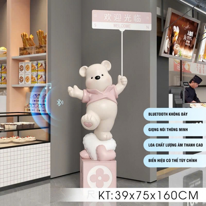 Gấu decor trang trí có bluetooth chào mừng trước cửa hàng quán 008
