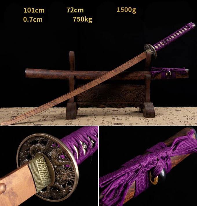 Kiếm gỗ samurai Nhật bản có tsuba chắn kiếm và vỏ kiếm màu tím 025