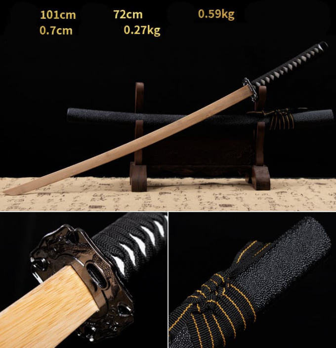 Kiếm gỗ samurai Nhật Bản có tsuba kèm vỏ kiếm đen nhám  014