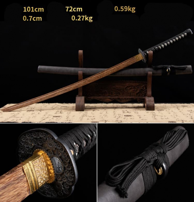 Kiếm gỗ samurai Nhật Bản có tsuba màu đen nhám 022