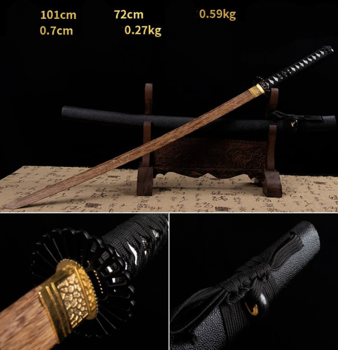 Kiếm gỗ samurai nhật bản kèm chắn kiếm tsuba chuôi lưỡi màu vàng 009