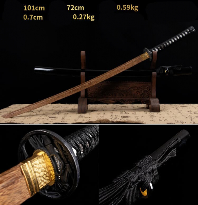 Kiếm gỗ samurai Nhật Bản kèm tsuba chắn kiếm màu đen trơn 012