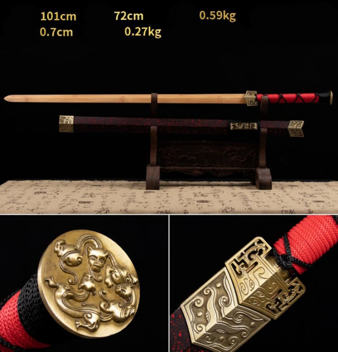 Kiếm gỗ thẳng Nhật Bản có tsuba kèm vỏ kiếm màu đỏ 020