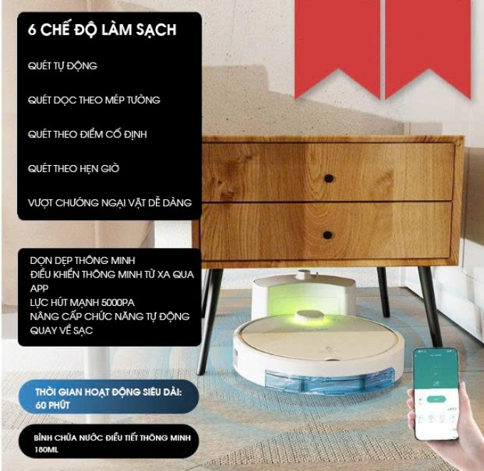 Robot hút bụi điều khiển qua app tự động quay về sạc RB008