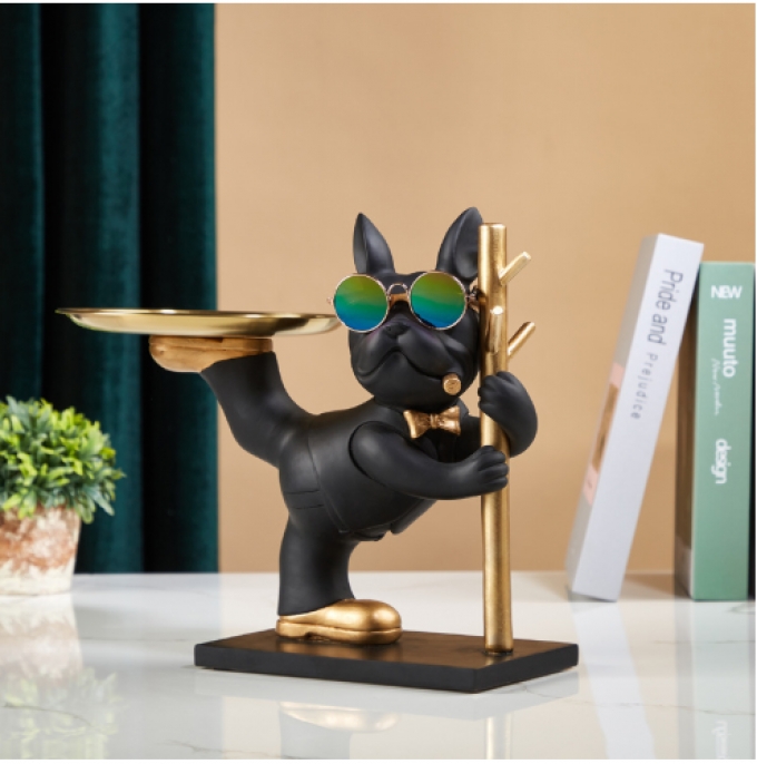 Tượng decor trang trí chó Bully cầm cột xiếc kệ đựng đồ mini phong cách Châu Âu 039