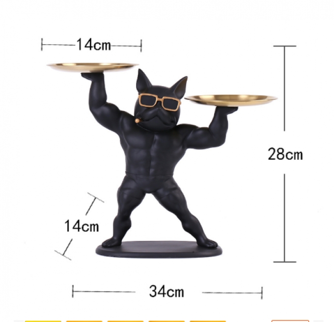 Tượng decor trang trí chú chó cơ bắp nâng 2 khay 040