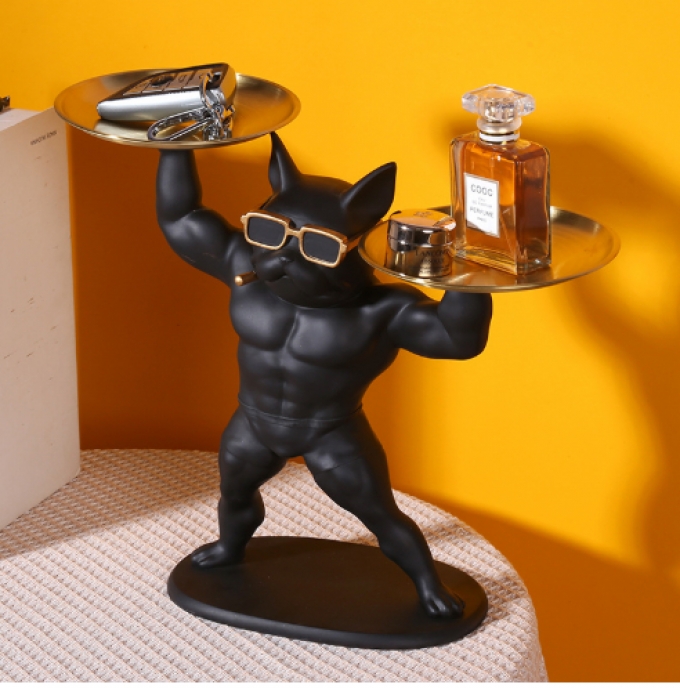 Tượng decor trang trí chú chó cơ bắp nâng 2 khay 040