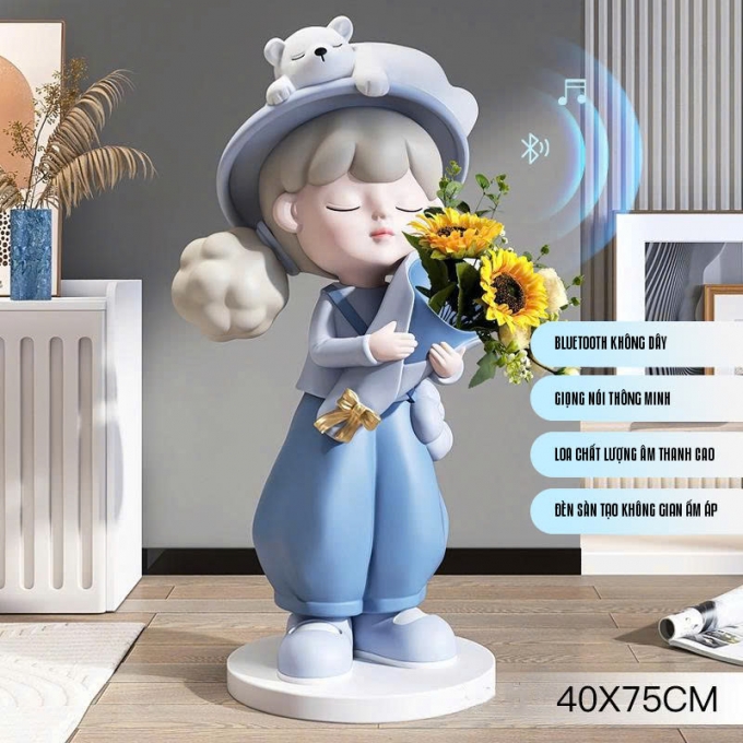 Tượng decor trang trí cô gái cầm hoa 025