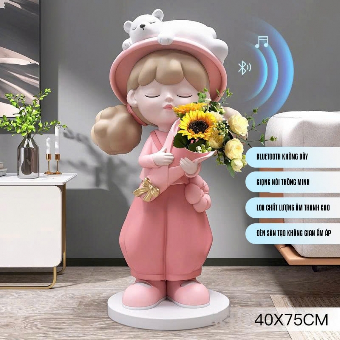 Tượng decor trang trí cô gái cầm hoa 025