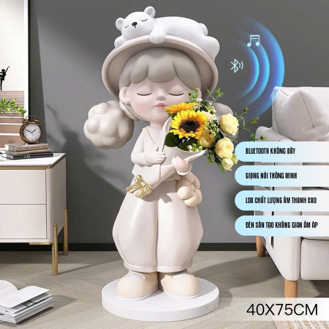 Tượng decor trang trí cô gái cầm hoa 025