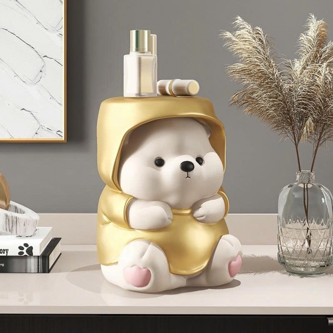 Tượng decor trang trí gấu đáng yêu kèm kệ để đồ mini 034