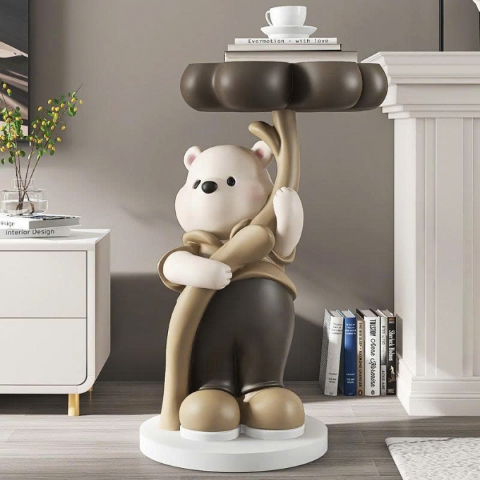 Tượng decor trang trí gấu trắng cầm mâm để đồ 024
