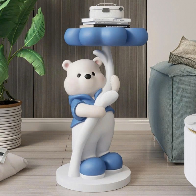 Tượng decor trang trí gấu trắng cầm mâm để đồ 024