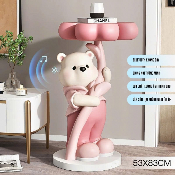 Tượng decor trang trí gấu trắng cầm mâm để đồ 024