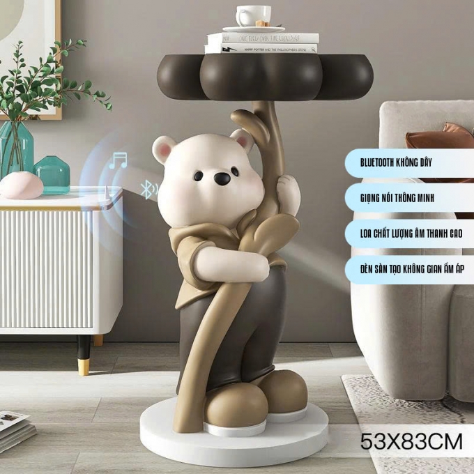 Tượng decor trang trí gấu trắng cầm mâm để đồ 024
