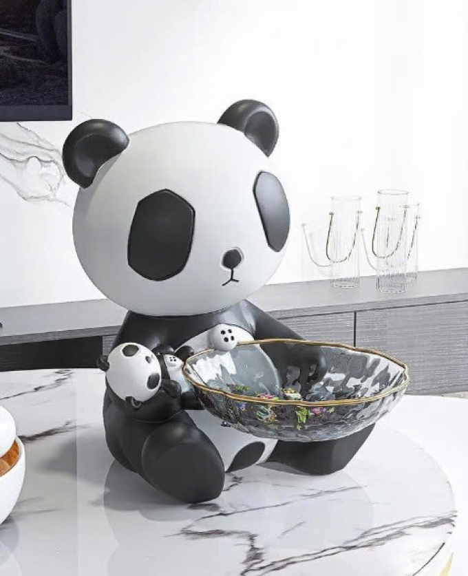Tượng decor trang trí gấu trúc ôm khay thủy tinh đựng đồ đa năng 048