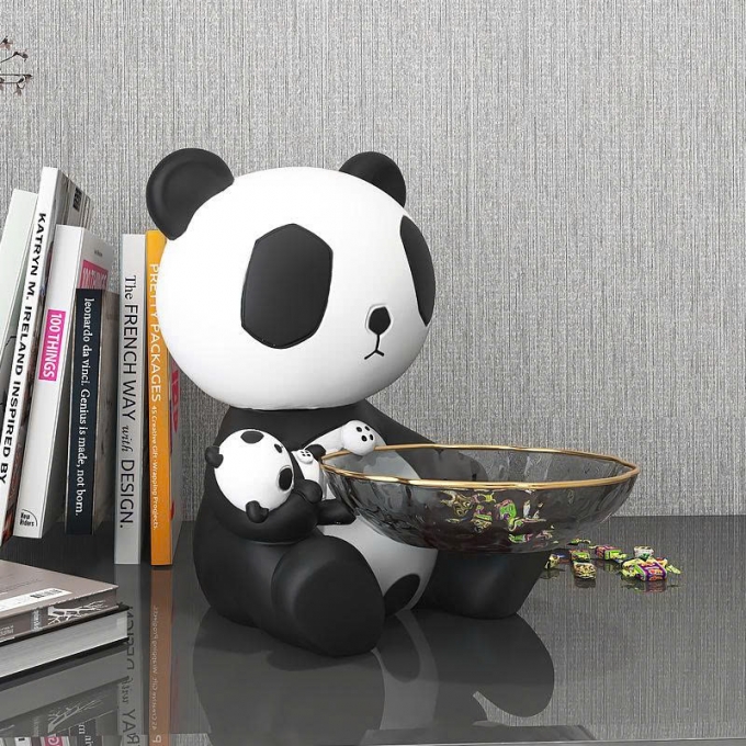 Tượng decor trang trí gấu trúc ôm khay thủy tinh đựng đồ đa năng 048