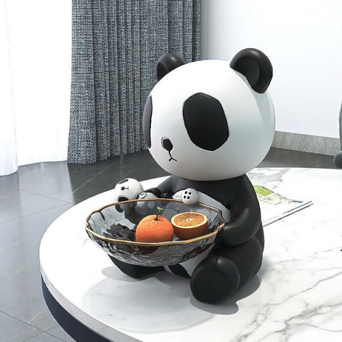 Tượng decor trang trí gấu trúc ôm khay thủy tinh đựng đồ đa năng 048