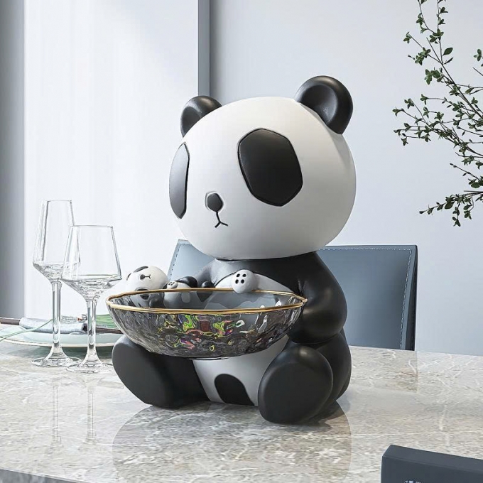 Tượng decor trang trí gấu trúc ôm khay thủy tinh đựng đồ đa năng 048
