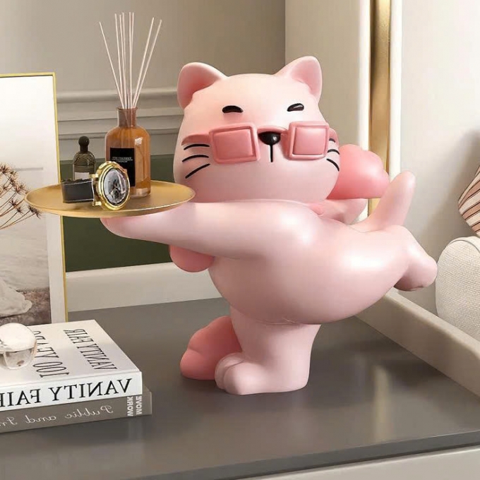 Tượng decor trang trí mèo cool ngầu đeo kính vàng cầm khay 030