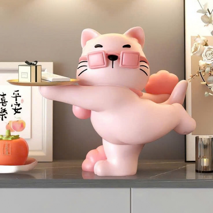 Tượng decor trang trí mèo cool ngầu đeo kính vàng cầm khay 030