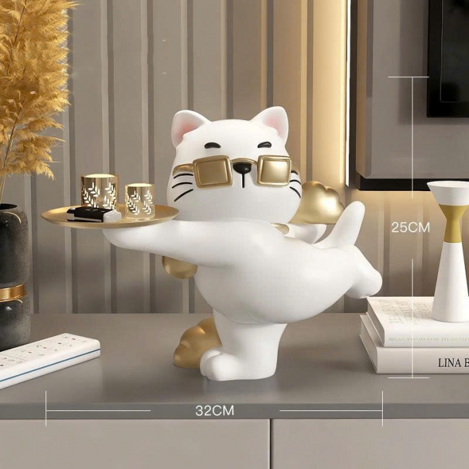 Tượng decor trang trí mèo cool ngầu đeo kính vàng cầm khay 030