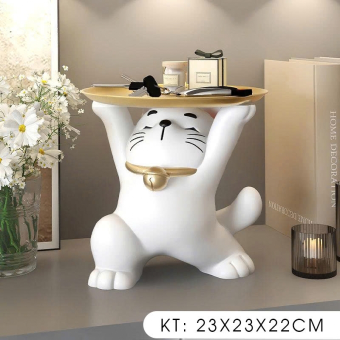 Tượng decor trang trí mèo thần tài nâng mâm 029