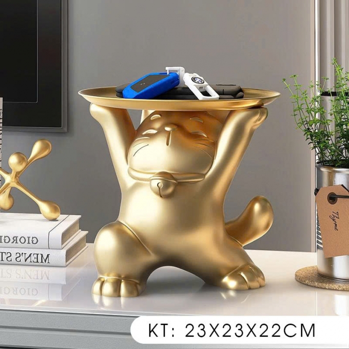 Tượng decor trang trí mèo thần tài nâng mâm 029