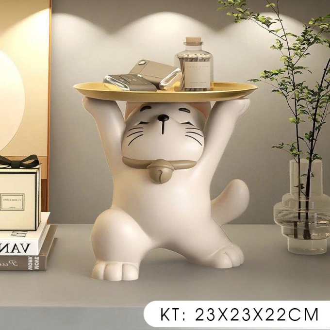 Tượng decor trang trí mèo thần tài nâng mâm 029