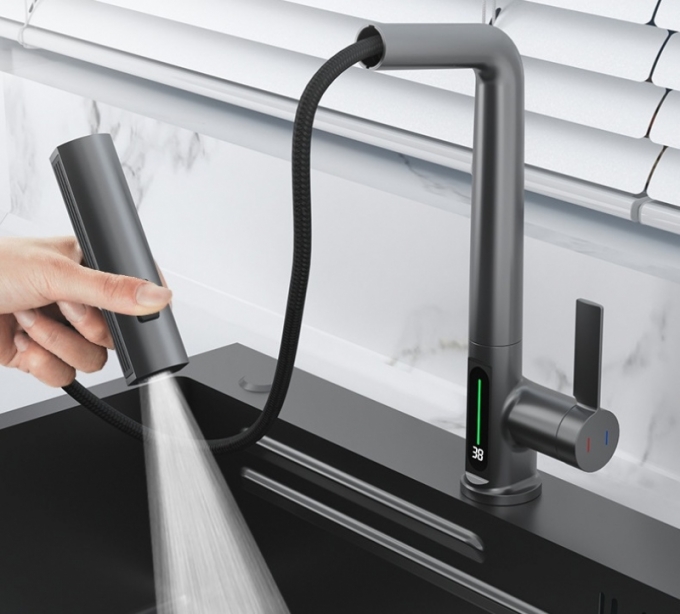Vòi rửa chén nóng lạnh hiển thị nhiệt độ có dây rút 038