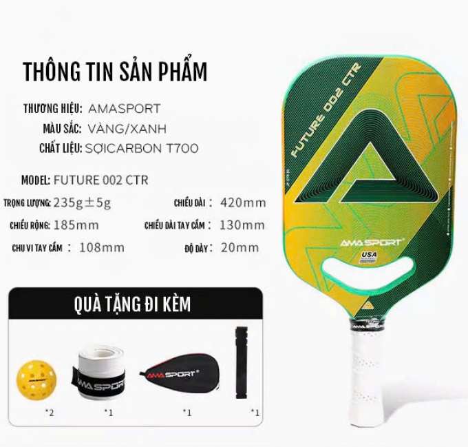 Vợt Pickleball FUTURE 002 CTR sợicarbon T700 20mm cao cấp 002